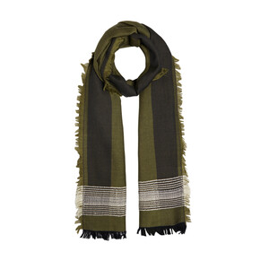 ipekevi - Khaki Green Multi Stripe Wool Silk Scarf (1)