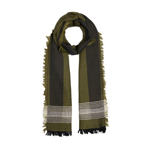 Khaki Green Multi Stripe Wool Silk Scarf - Thumbnail