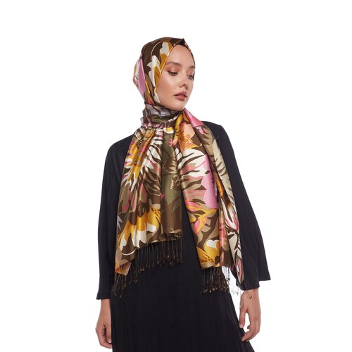 Khaki Green Nihavent Print Silk Scarf