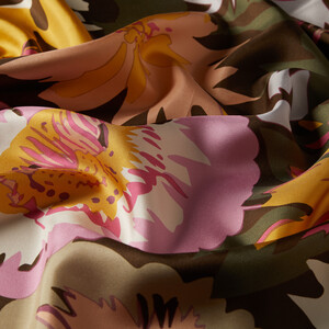 Khaki Green Nihavent Print Silk Twill Scarf - Thumbnail