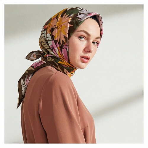 Khaki Green Nihavent Print Silk Twill Scarf