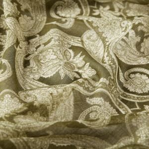 Khaki Green Paisley Leaf Patterned Wool Silk Scarf - Thumbnail