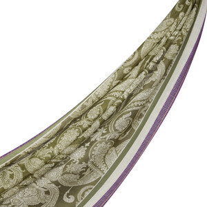 Khaki Green Paisley Leaf Patterned Wool Silk Scarf - Thumbnail
