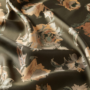 Khaki Green Peony Print Silk Twill Scarf - Thumbnail