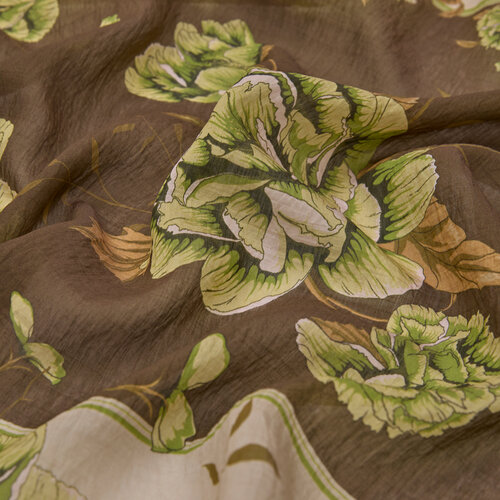 Khaki Green Peony Print Tencel Scarf