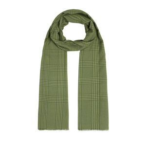 Khaki Green Tartan Plaid Cotton Silk Scarf - Thumbnail