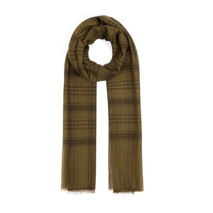 Khaki Green Tartan Plaid Wool Silk Scarf - Thumbnail