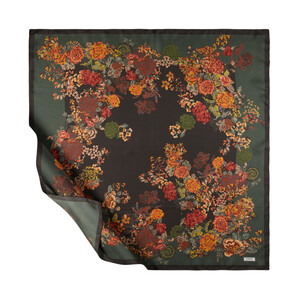 Khaki Green Waterside Garden Panel Pattern Twill Silk Scarf - Thumbnail