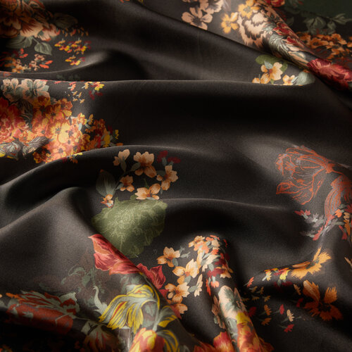 Khaki Green Waterside Garden Panel Pattern Twill Silk Scarf