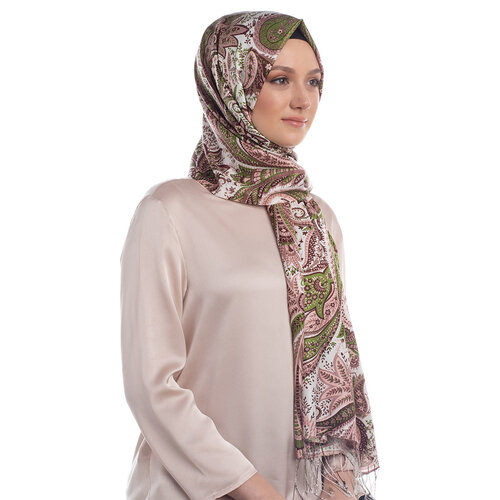 Khaki Paisley Print Silk Scarf