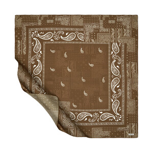 Khaki Patchwork Patterned Twill Silk Scarf - Thumbnail