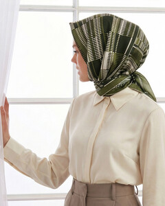Khaki White Skyscrapers Twill Silk Scarf - Thumbnail