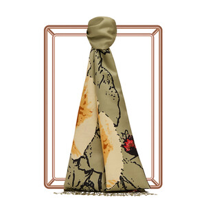 Khaki Wild Rose Print Silk Scarf - Thumbnail