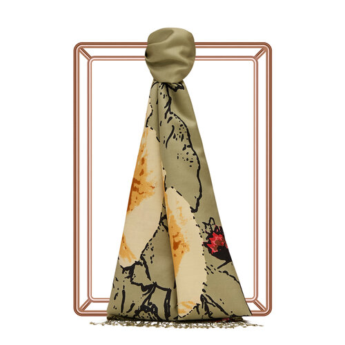 Khaki Wild Rose Print Silk Scarf