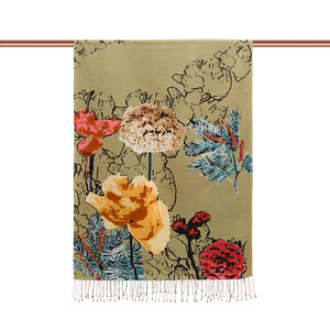 Khaki Wild Rose Print Silk Scarf - Thumbnail