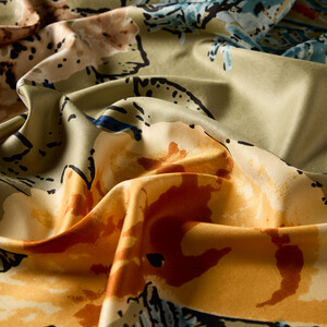 Khaki Wild Rose Print Silk Scarf - Thumbnail