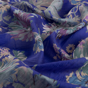 Denim Blue Chrysanthemum Print Tencel Scarf - Thumbnail