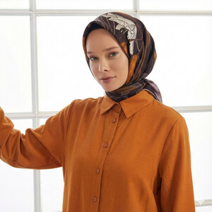 Koyu Acı Kahve Lilyum Tivil İpek Eşarp - Thumbnail