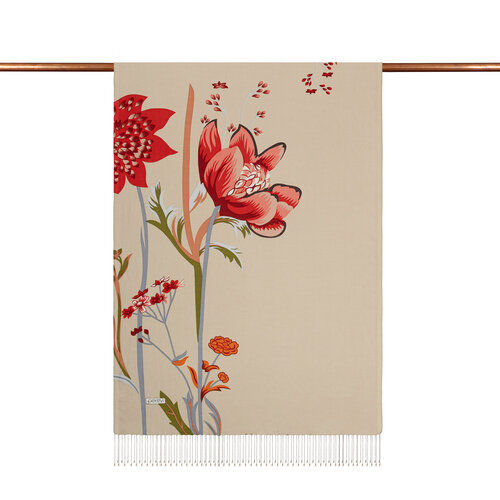 Krem Amaryllis Desenli İpek Şal