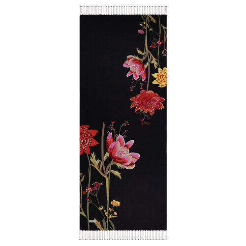 Siyah Amaryllis Desenli İpek Şal