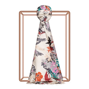 ipekevi - Krem Güz Çiçekleri Desenli İpek Şal 