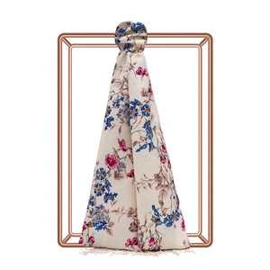 ipekevi - Krem Mavi Çiçek Tacı Desenli İpek Şal 