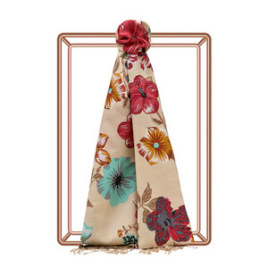 ipekevi - Krem Petunya Desenli İpek Şal