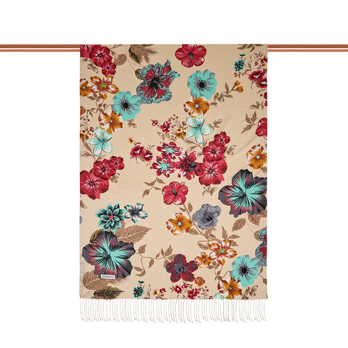 Krem Petunya Desenli İpek Şal