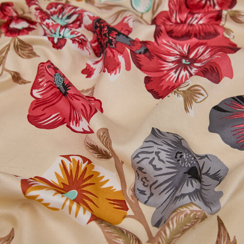 Krem Petunya Desenli İpek Şal