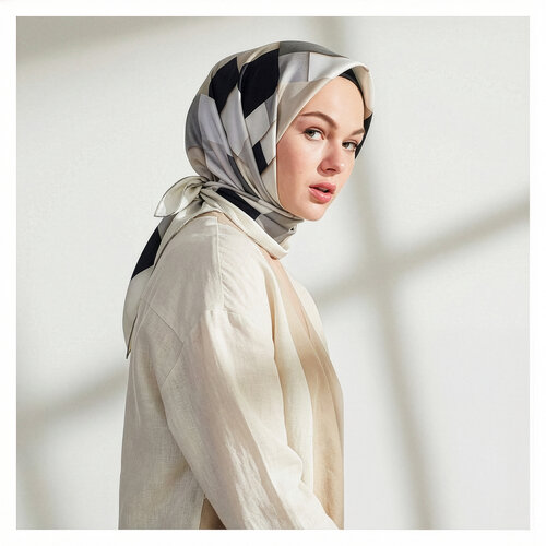 Krem Lego Desenli Tivil İpek Eşarp