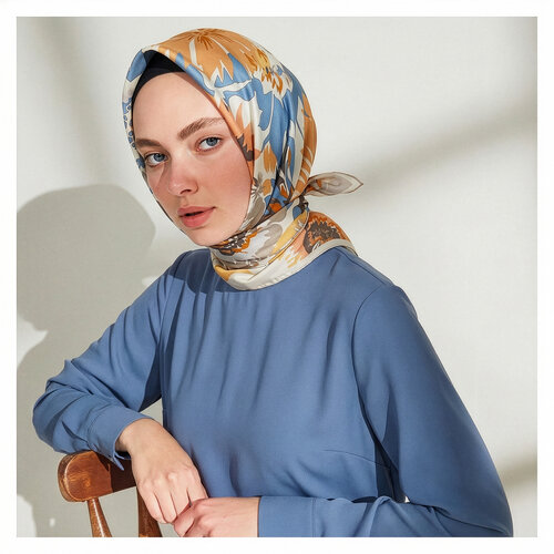 Krem Nihavent Desenli Tivil İpek Eşarp