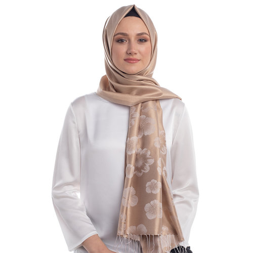 شال حرير جاكار زهرة البنفسج لون بيج رملي