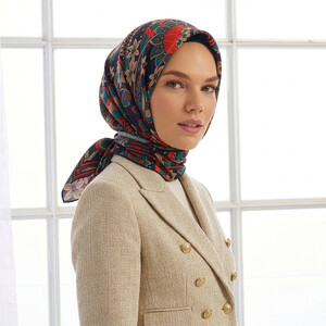 Lacivert Asi Sarmaşık Tivil İpek Eşarp - Thumbnail