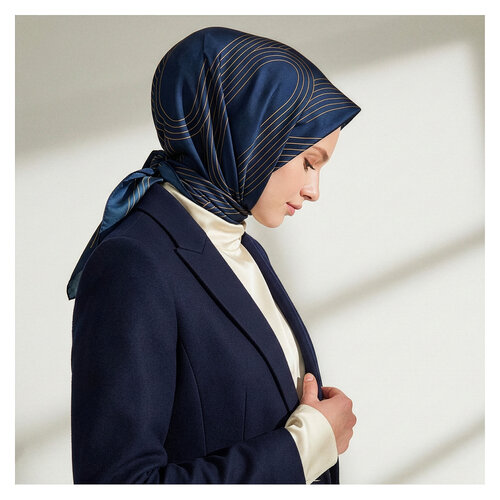 Lacivert Kemer Desenli Tivil İpek Eşarp