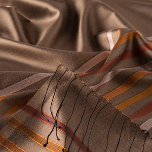 Light Brown Thin Striped Silk Scarf - Thumbnail
