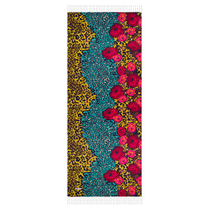 Menthol Gold Wild Rose Print Silk Scarf - Thumbnail
