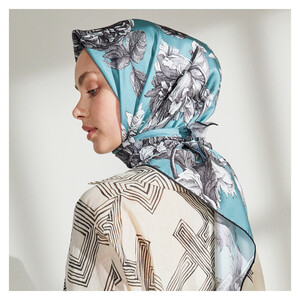 Menthol Vintage Garden Print Silk Twill Scarf - Thumbnail