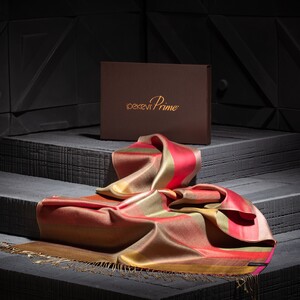 ipekevi - شال حرير فاخر ذو وجهين مخطط لون مرجاني