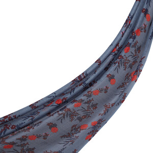 Metallic Blue Cosmos Print Wool Silk Scarf - Thumbnail