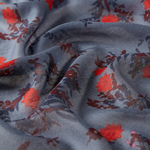 Metallic Blue Cosmos Print Wool Silk Scarf - Thumbnail