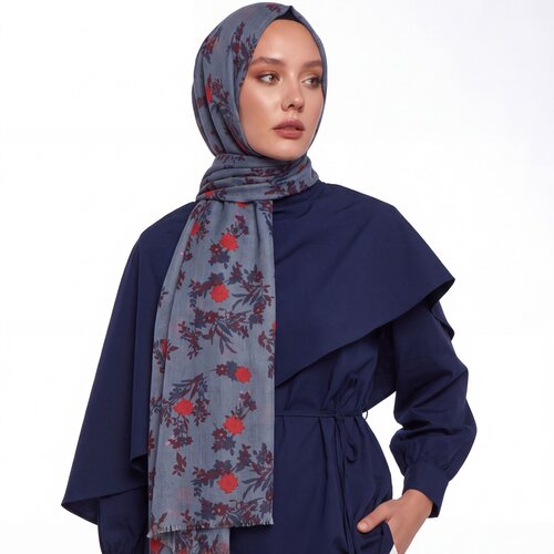 Metallic Blue Cosmos Print Wool Silk Scarf