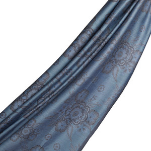 Metallic Blue Cross Stich Floral Cotton Silk Scarf - Thumbnail