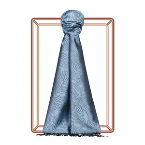 Metallic Blue Stylized Leaf Jacquard Silk Scarf - Thumbnail