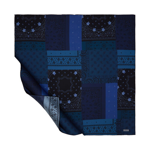 Midnight Blue Patchwork Patterned Twill Silk Scarf