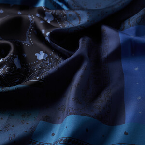 Midnight Blue Patchwork Patterned Twill Silk Scarf - Thumbnail