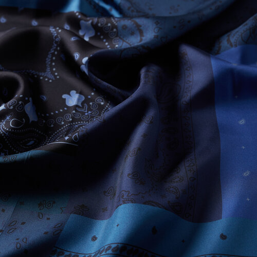 Midnight Blue Patchwork Patterned Twill Silk Scarf