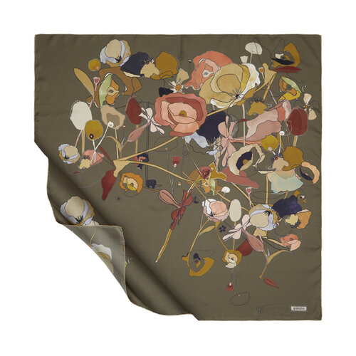 Milky Coffee Carnival Flowers Twill Silk Scarf Model 02