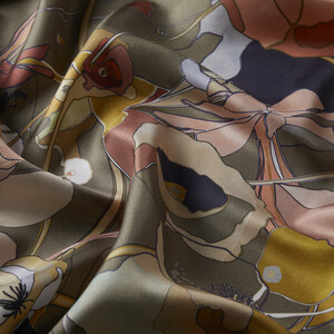 Milky Coffee Carnival Flowers Twill Silk Scarf Model 02 - Thumbnail