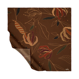 Milky Coffee Linden Patterned Twill Silk Scarf - Thumbnail