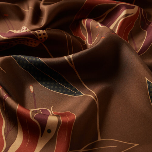 Milky Coffee Linden Patterned Twill Silk Scarf